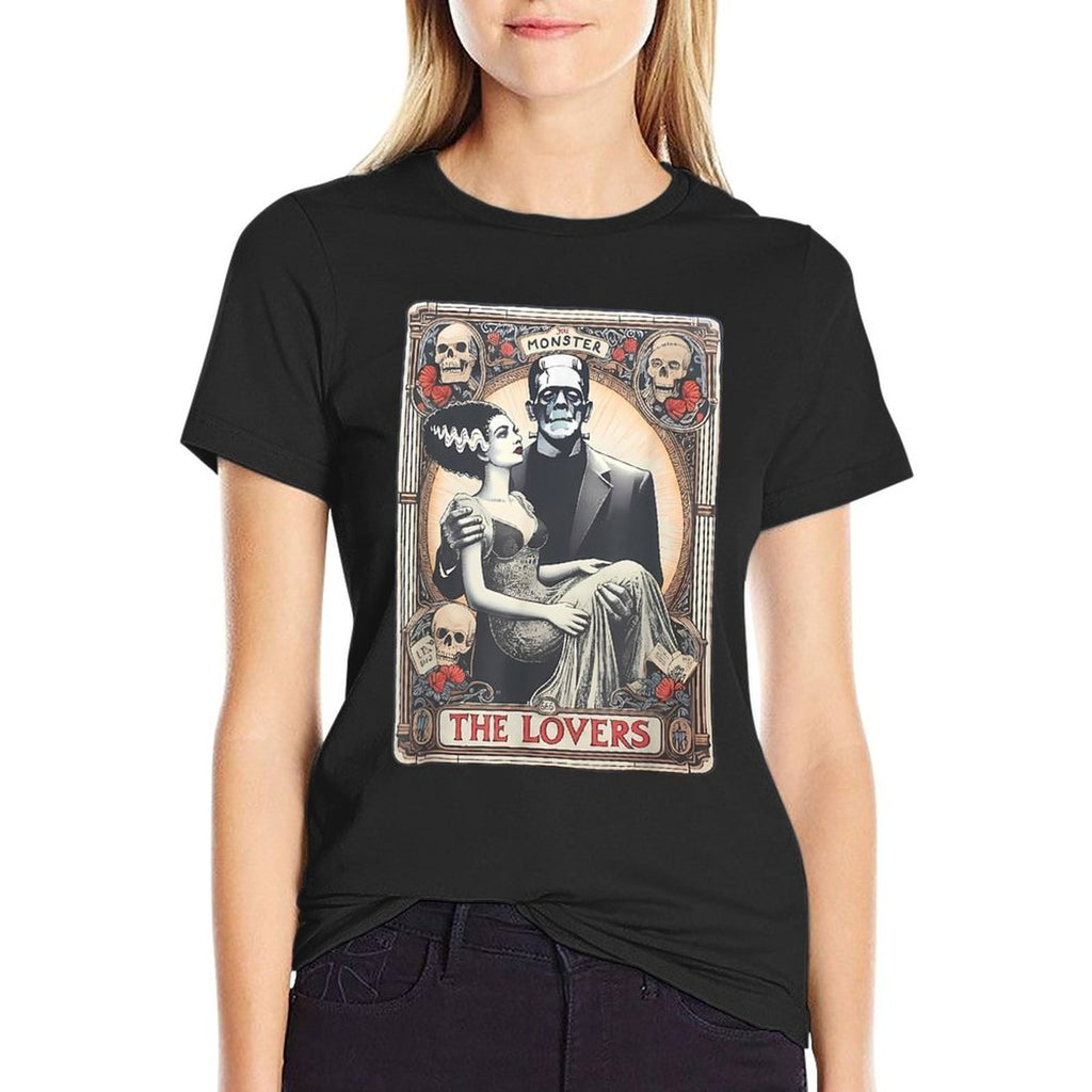 Retro Halloween Frankenstein Tarot Card - Unisex Adults - Black - Small - - Regular Fit - Cotton 100, Polyester Blend - Hallowe  Affordable Price T-Shirt