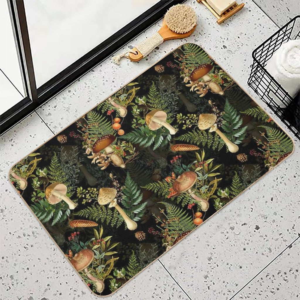 Vintage Toxic Midnight Mushrooms Forest Botanical Night Garden Pattern on Black Nightgarden  Easy To Clean Bath Mat