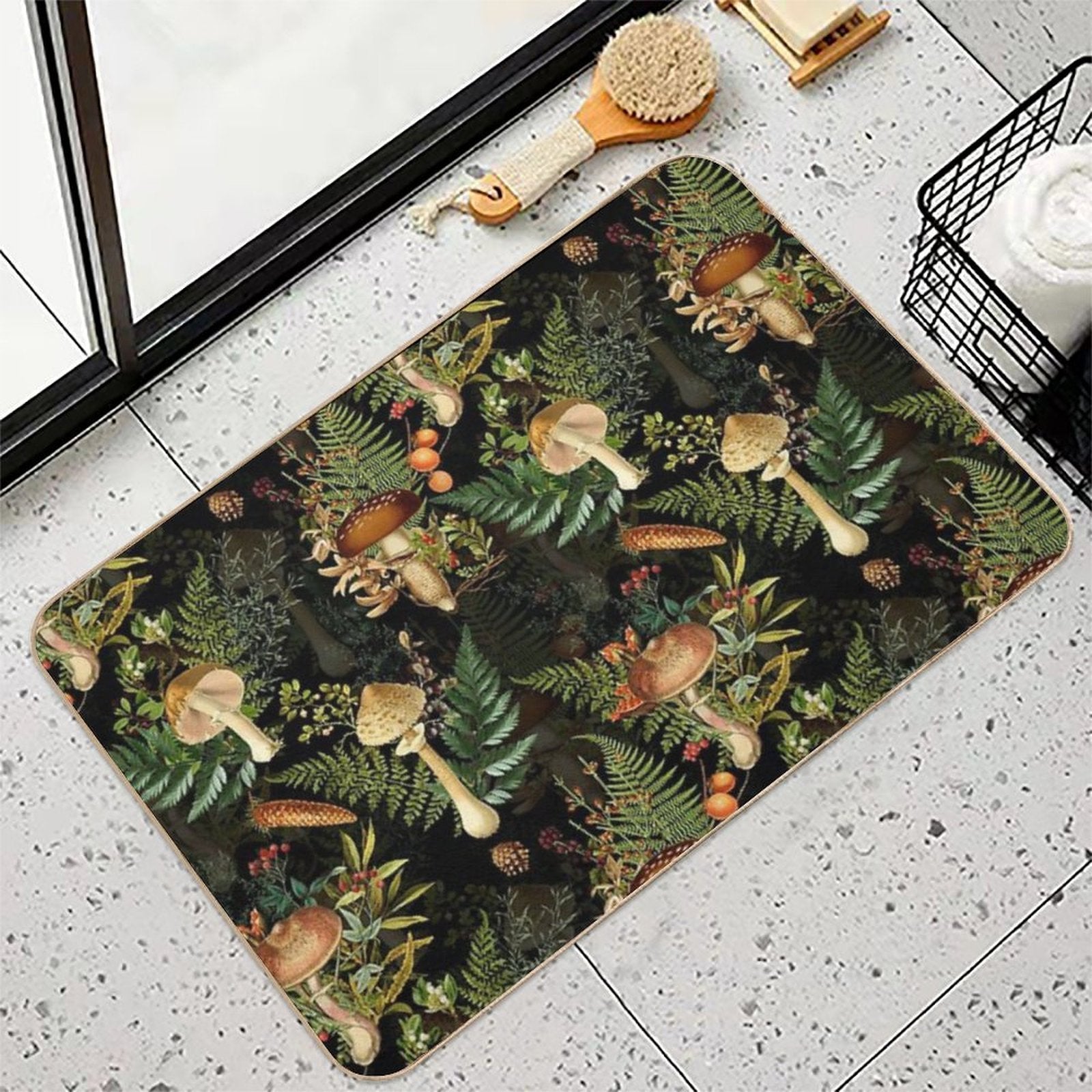 Vintage Toxic Midnight Mushrooms Forest Botanical Night Garden Pattern on Black Nightgarden  Easy To Clean Bath Mat