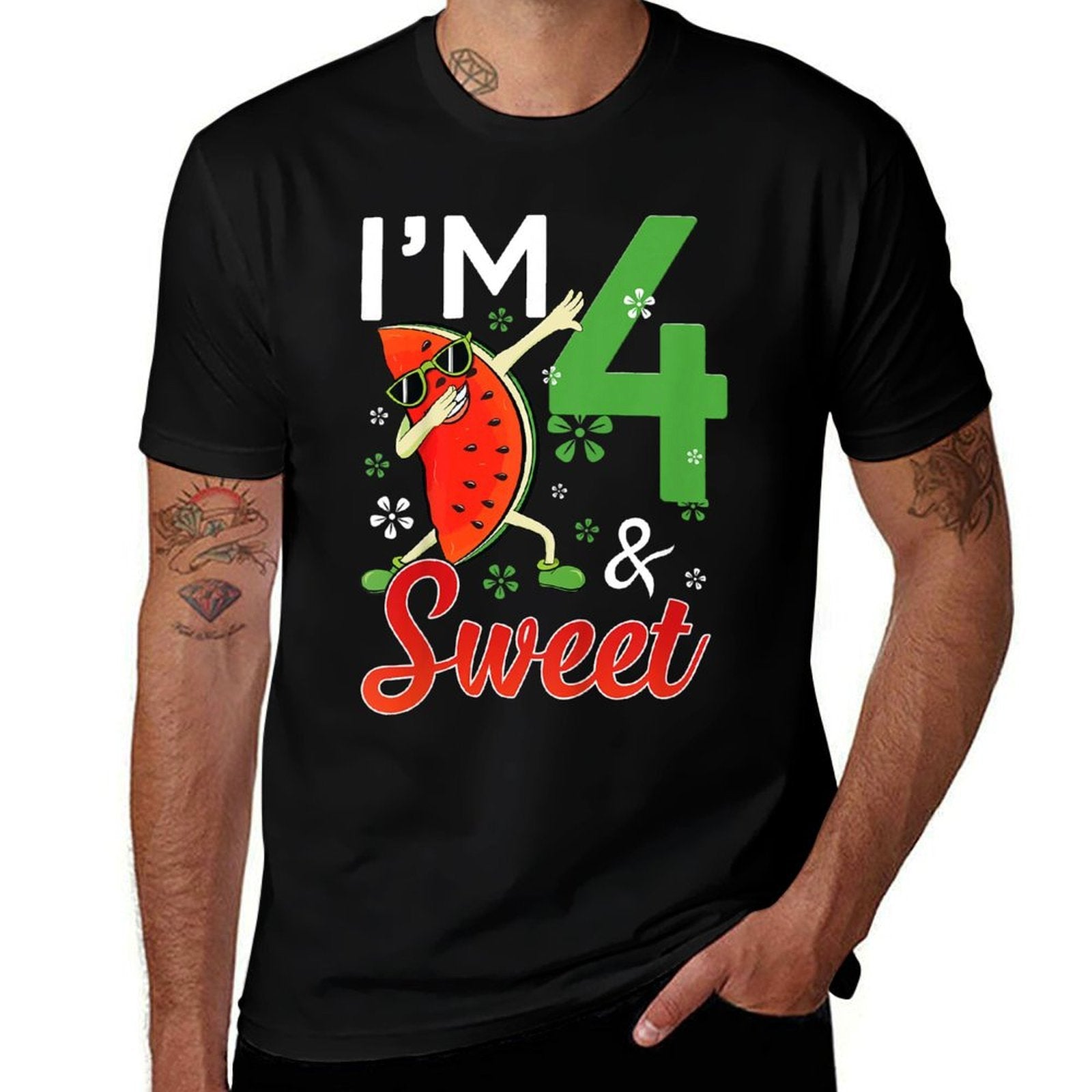 Kids Cute I'm 4 Years Old & Sweet Dabbing Watermelon 4th Birthday  Summer-ready Fabric T-Shirt