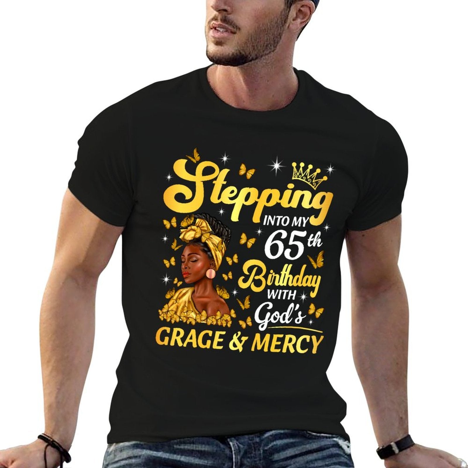 Stepping Into My 65th Birthday Afro Woman Religious Birthday  Wrinkle-resistant T-Shirt
