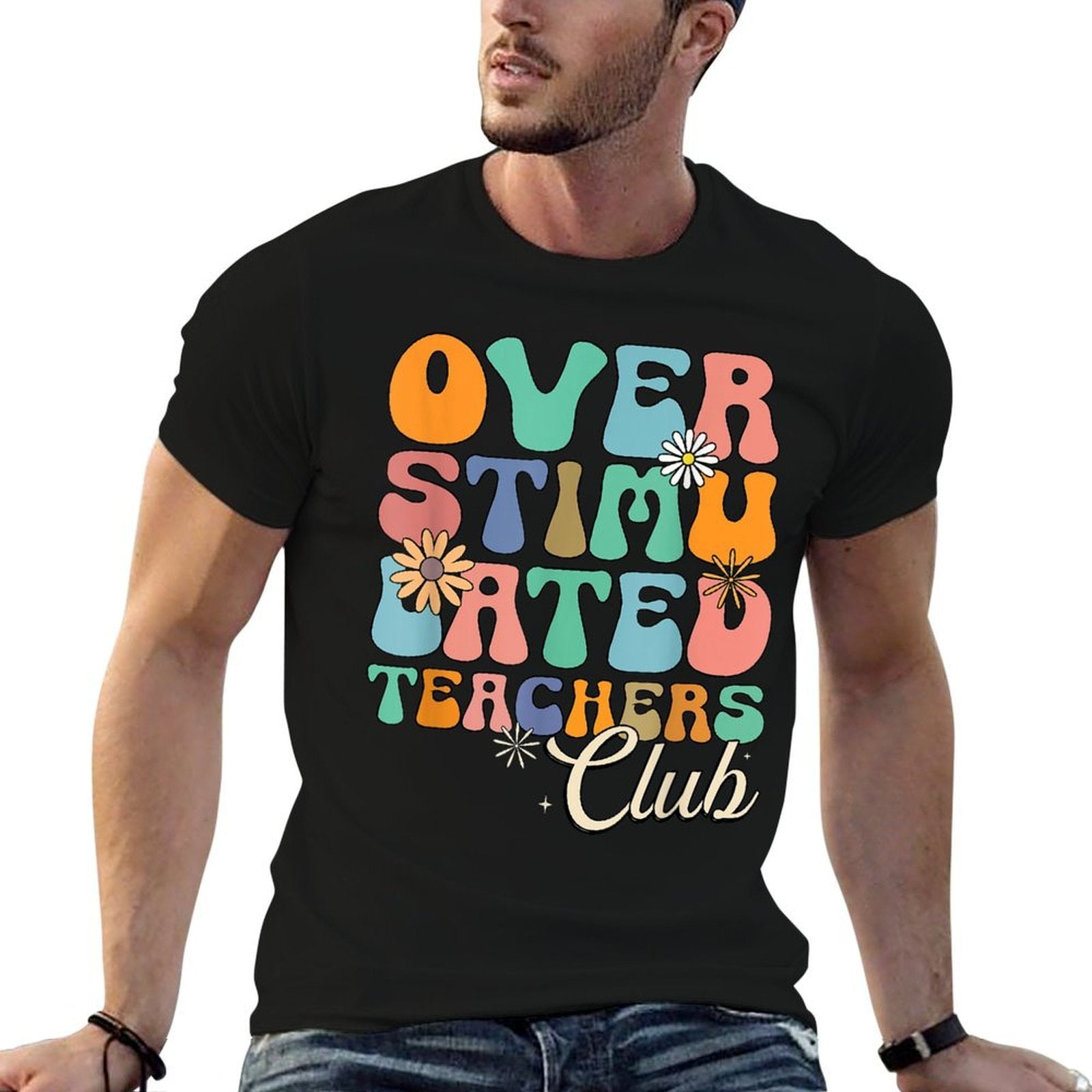 Groovy Overstimulated Teachers Club Funny Trendy Teacher  Rolled Sleeves T-Shirt