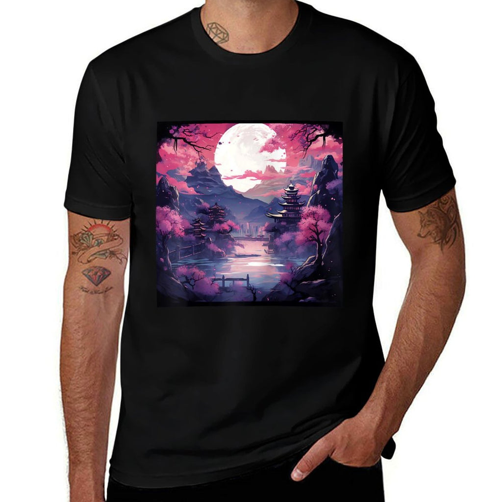 Eternal Twilight Japanese Castle & Sakura Anime Raglan Baseball  Easy-care T-Shirt