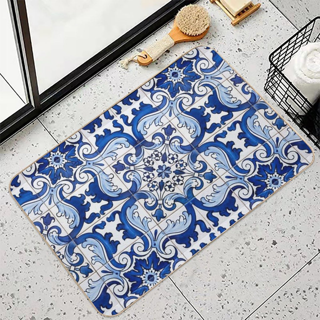 Antique Classic Lisbon Blue Azulejo Tile Floral Pattern  Stain-Proof Bath Mat