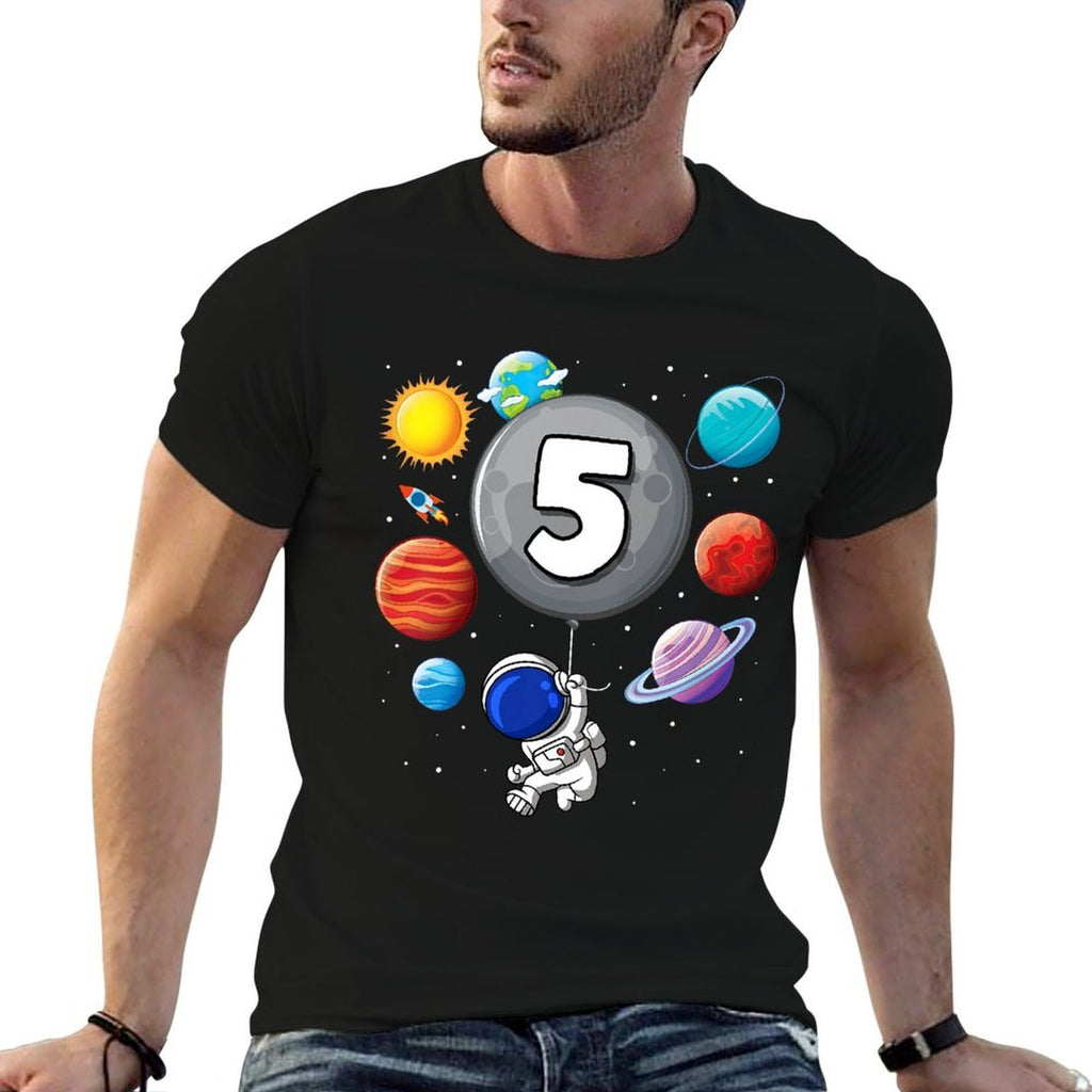 Kids 5th Birthday Astronaut Balloon Planet 5 Year Old Boy  Slim-fit Cut T-Shirt