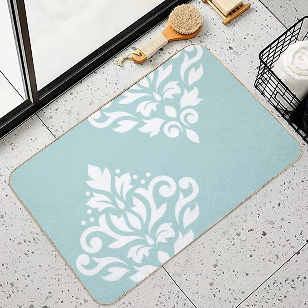 Scroll Damask Art I White on Duck Egg Blue  Absorbent Bath Mat