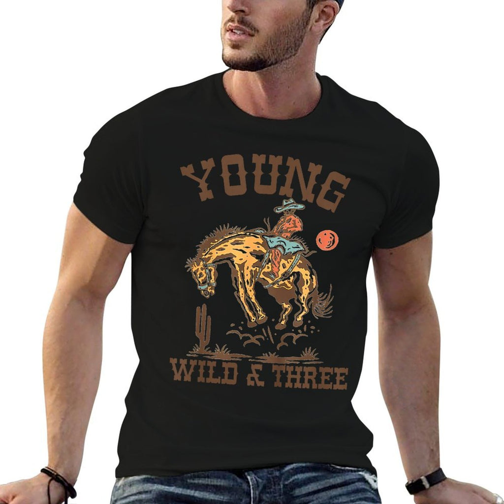 Kids Young Wild & Three Cowboy Western Rodeo 3rd Birthday Boy  Fade-proof Color T-Shirt