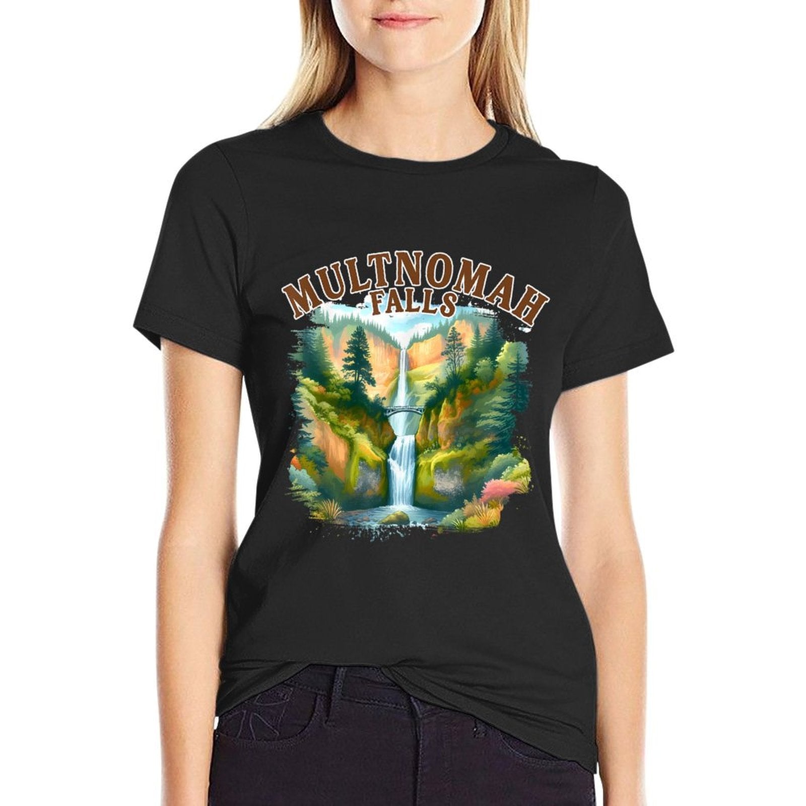 Multnomah Falls Waterfall Oregon Nature Exploring Travel  Rolled Sleeves T-Shirt