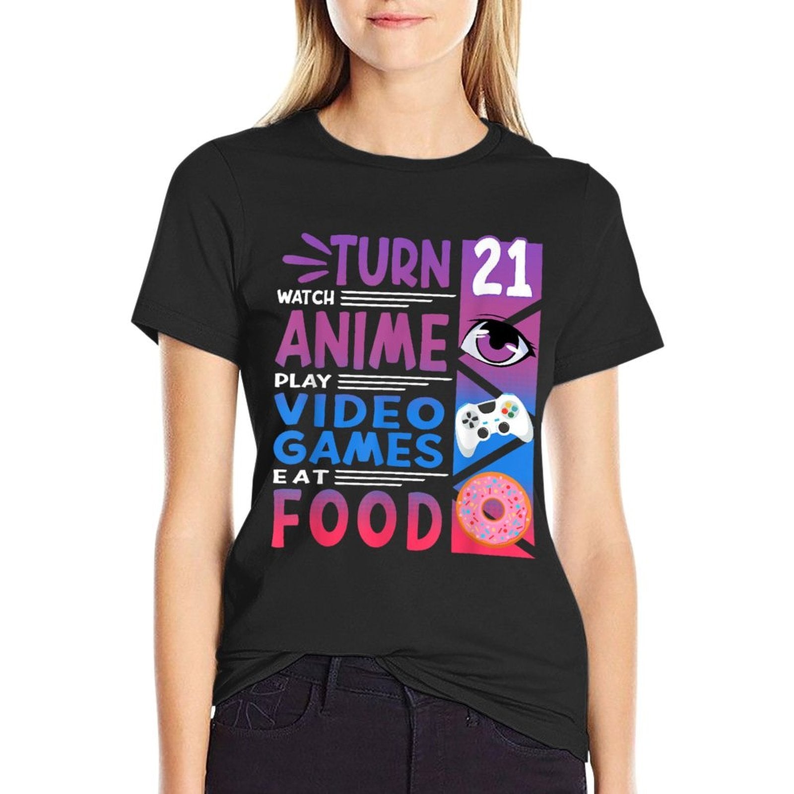 21st Birthday I Manga I Gamer I 90s Kawaii Donuts Anime  Ribbed Collar T-Shirt