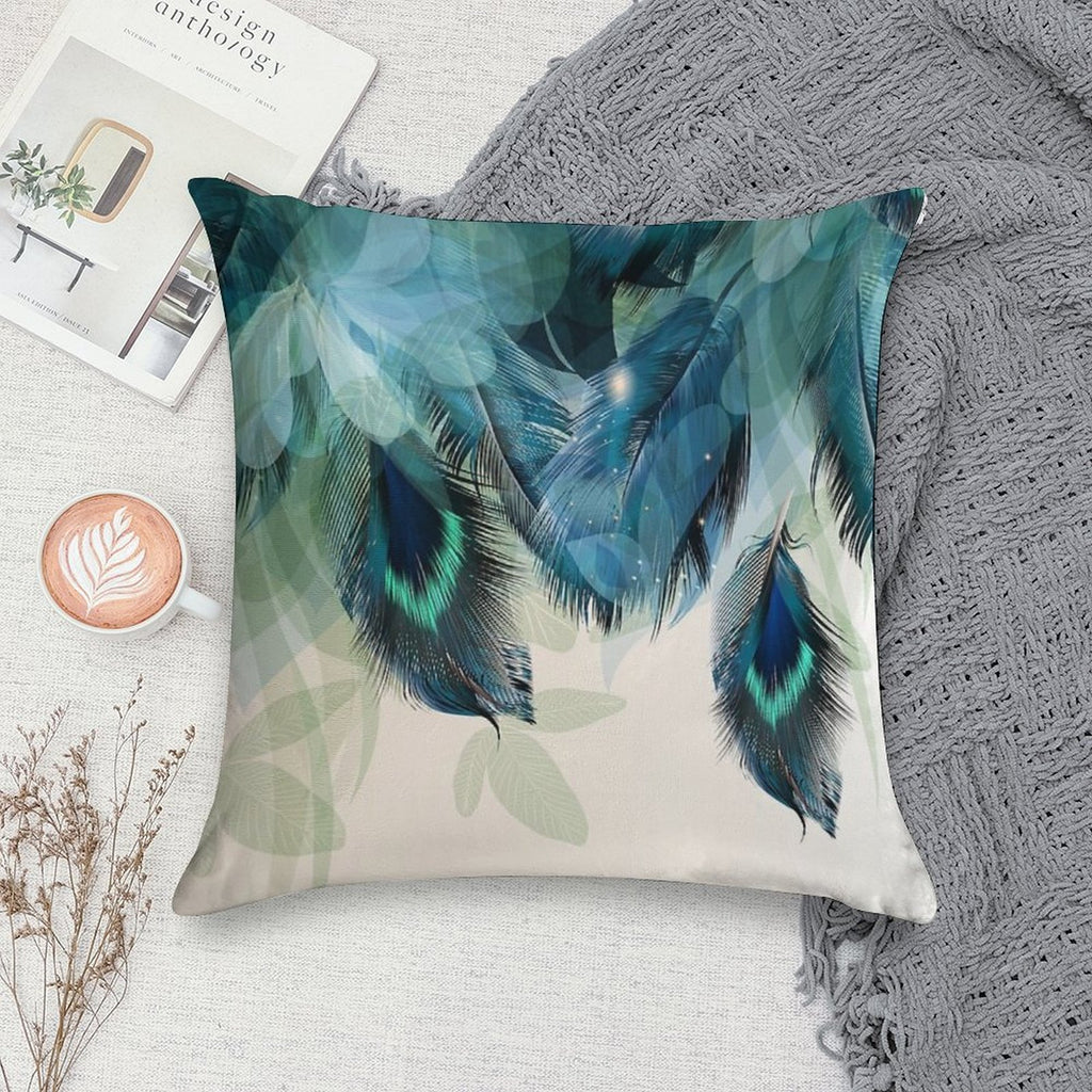 Peacock Feathers Turquoise Soft Shrink-Resistant Throw Pillow