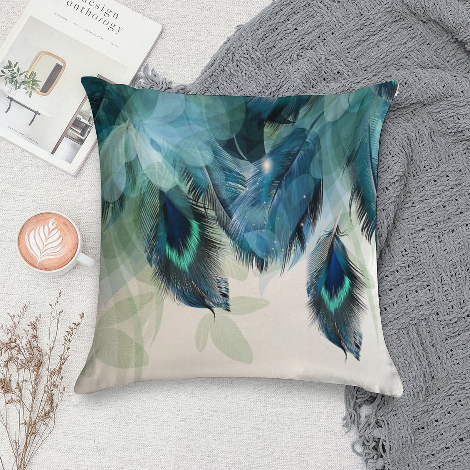 Peacock Feathers Turquoise Soft Shrink-Resistant Throw Pillow