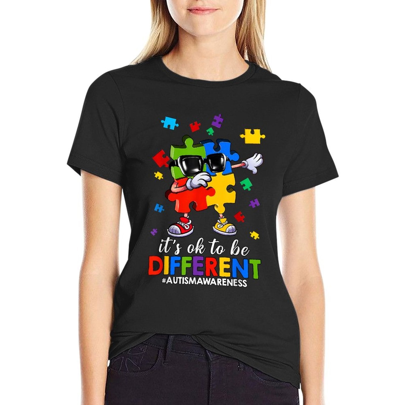 It's OK To Be Different Dabbing Puzzle Autism Awareness Kids  Fade-proof Color T-Shirt
