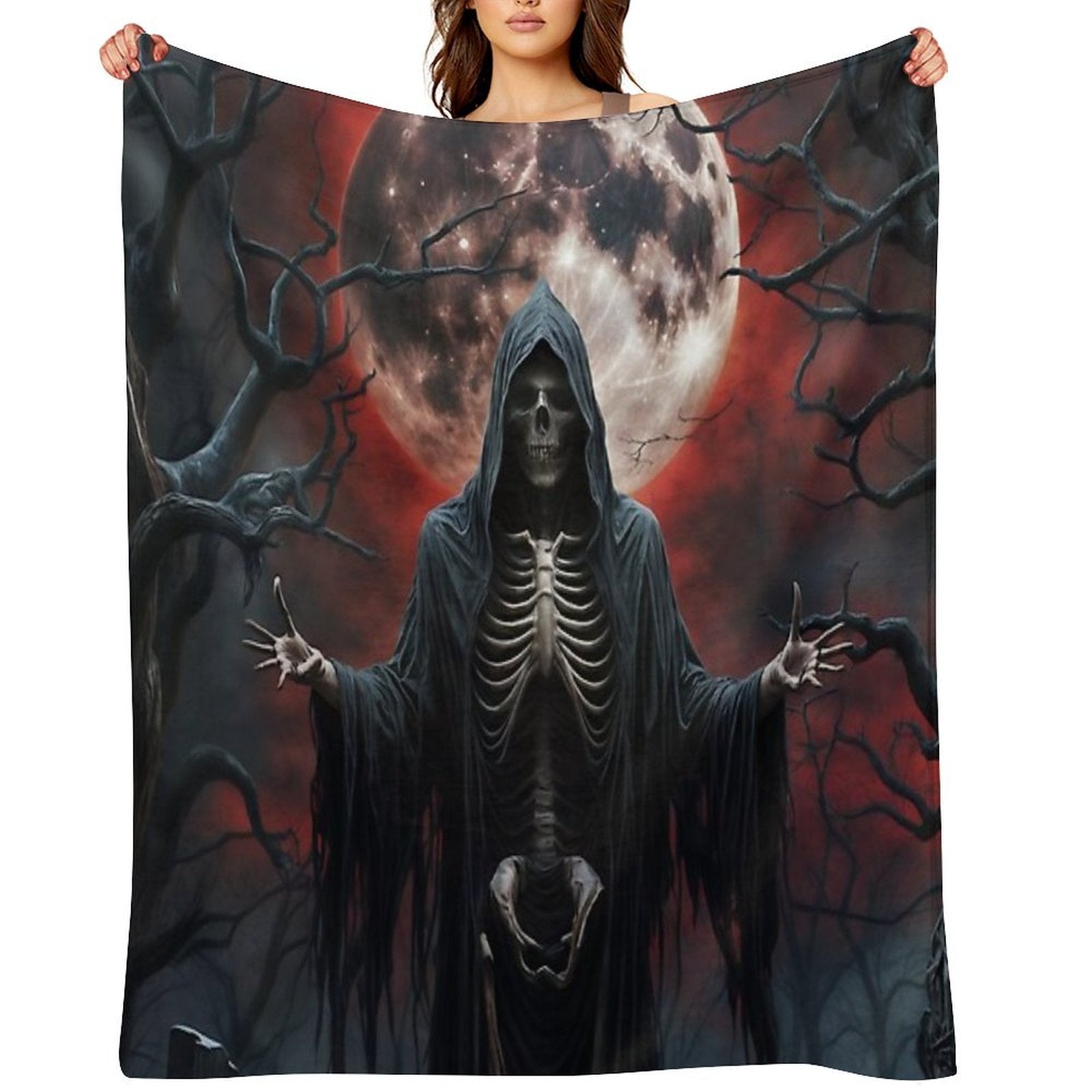 Grim Reaper Under Blood Moon in Haunted Graveyard Shrink-resistant Throw Blanket