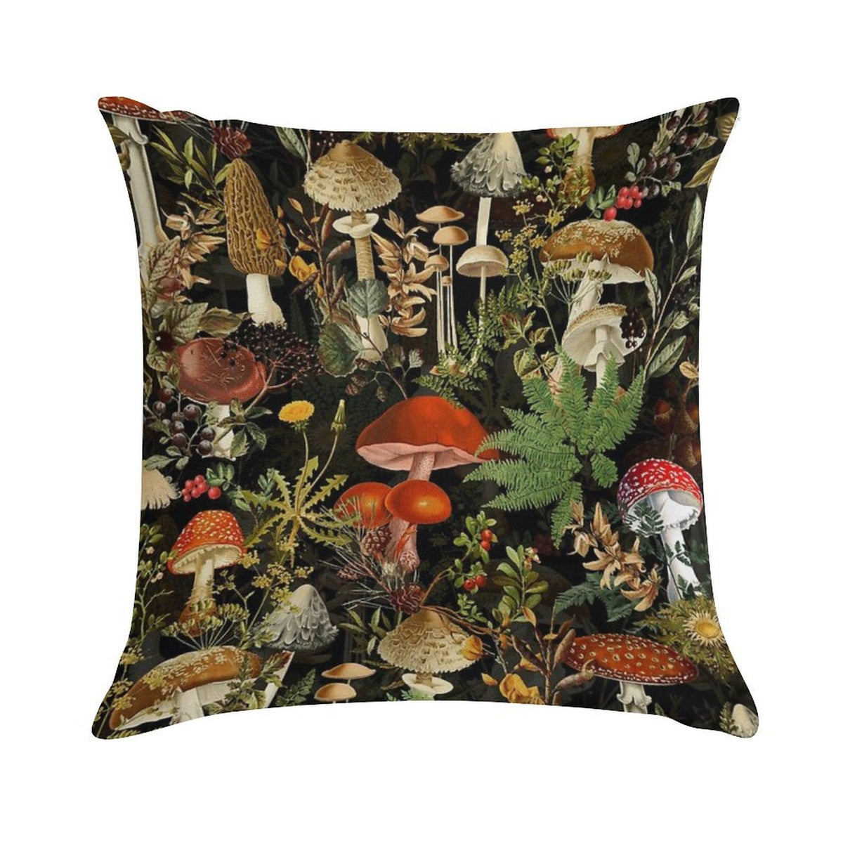 Vintage Midnight Mushrooms Forest Botanical Night Garden Pattern - Black Colorful Nightgarden Soft Luxury Feel Throw Pillow