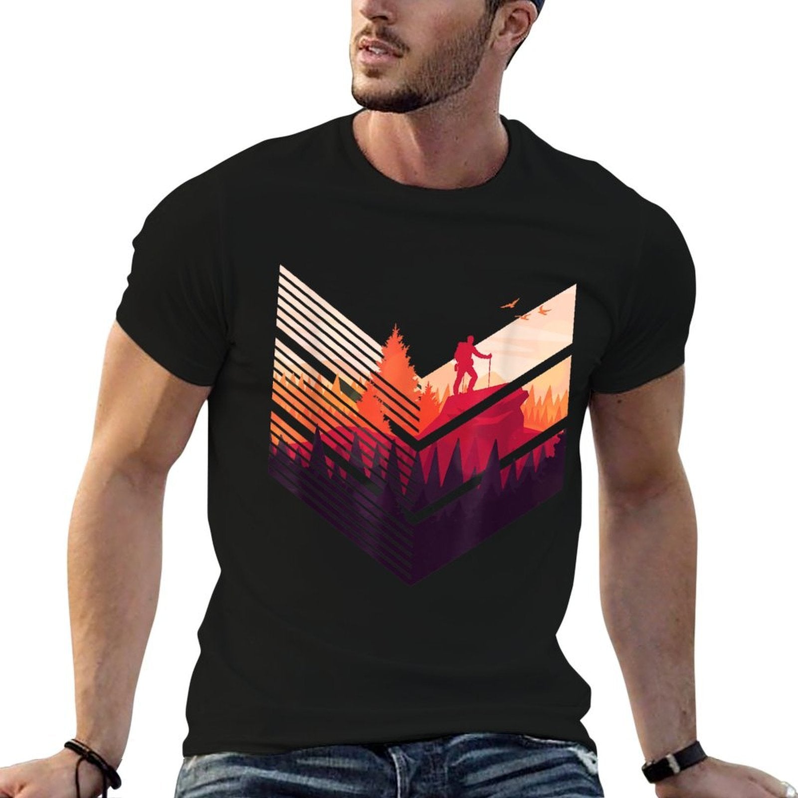 Geometric Hiking Graphic Colorful Nature Woods Landscape  Fade-proof Color T-Shirt