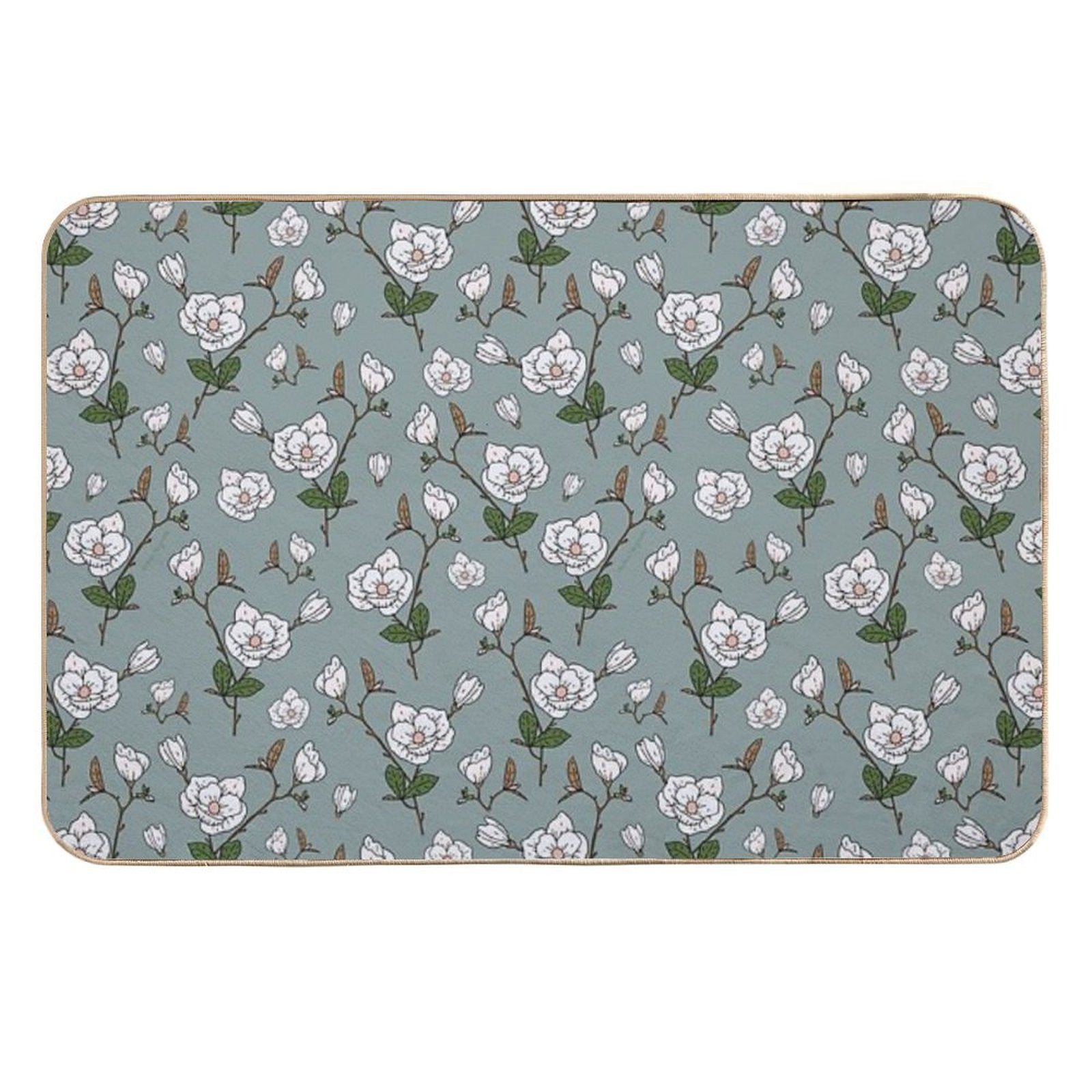 Botanical Magnolia Sprig Pattern_Sage  High-Traffic Bath Mat