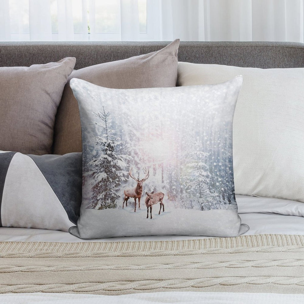 Winter Wonderland - Christmas Deer Stag Snow Trees Soft Durable Construction Throw Pillow