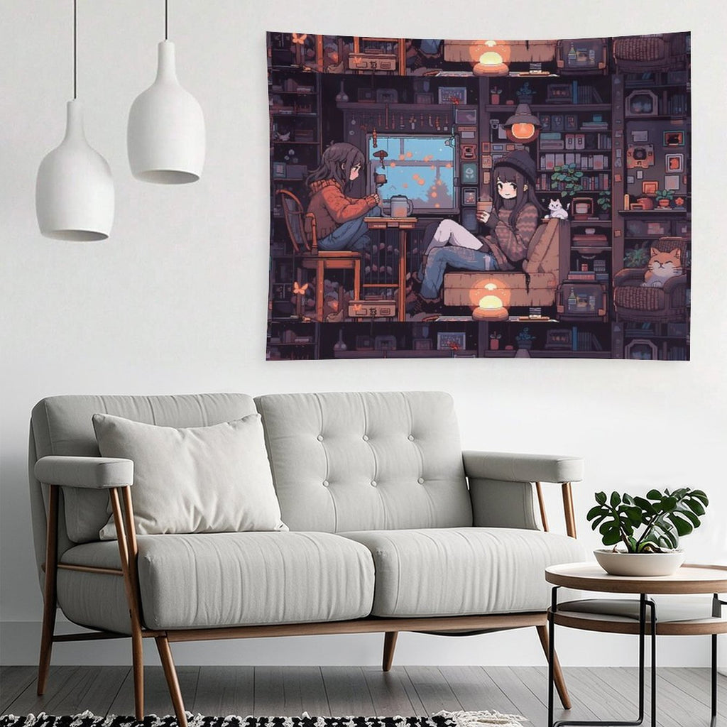 Anime Girls, Pixel Art- Cozy Tapestry