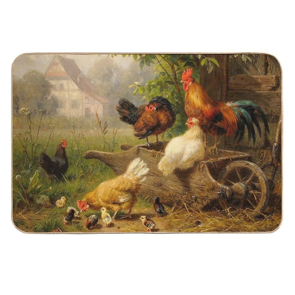 A Watchful Eye ,Rooster,Hens And Chickens With Wheelbarrow in Countryside  Pet-Safe Bath Mat