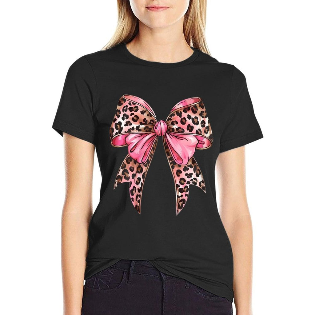 Leopard Coquette Bow Pink Leopard Bow Ribbon Watercolor Girl  Easy-care T-Shirt