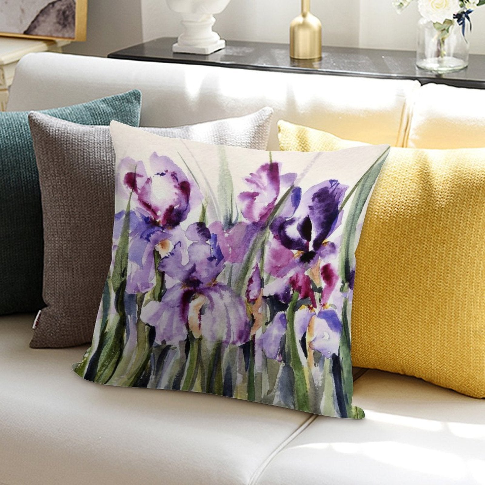 Purple Iris Art Watercolor Soft Decorative Cover Throw Pillow