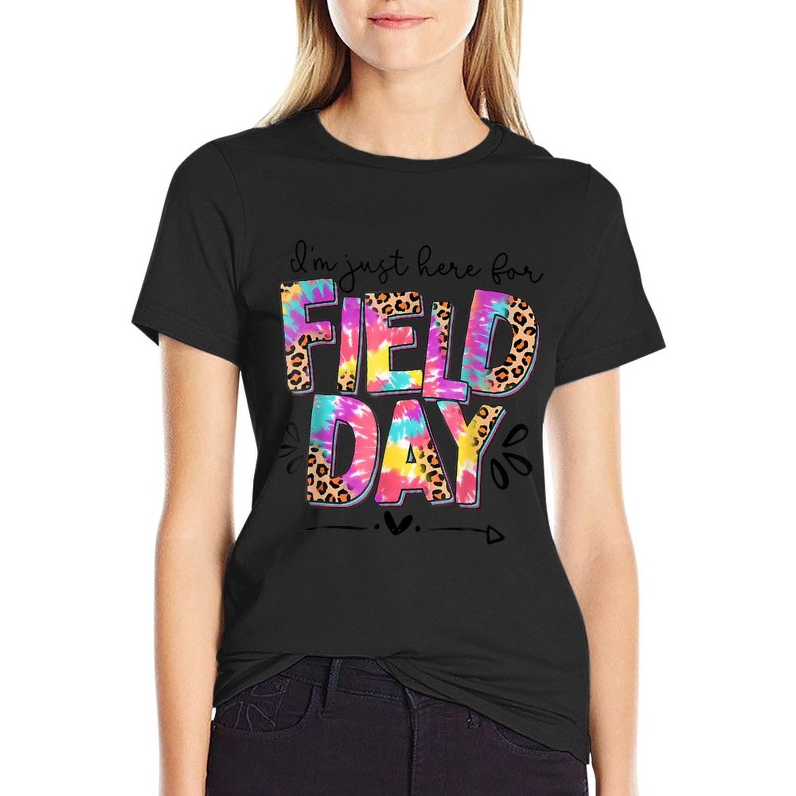 I'm Just Here For Field Day Leopard Tie Dye Last Day School  Rolled Sleeves T-Shirt
