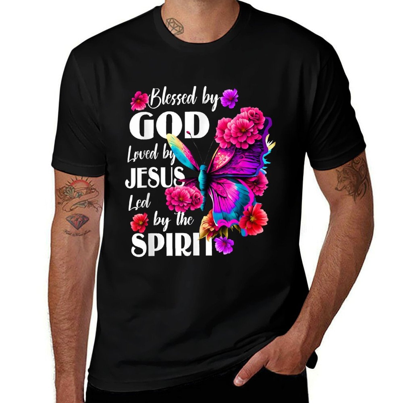 Blessed by God Loved by Jesus Floral Butterfly Christian  Heathered Texture T-Shirt