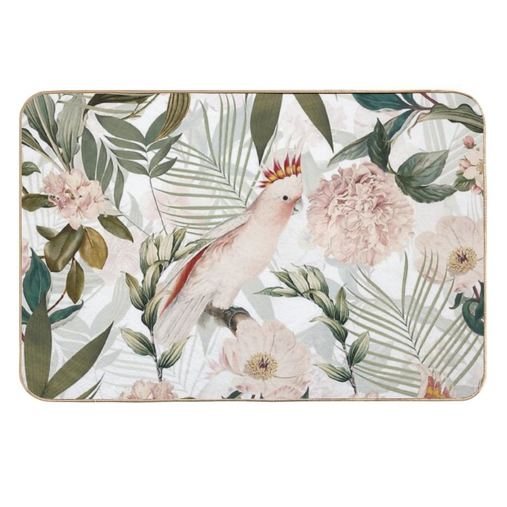 Tropical Cockatoo And Jungle Botanical Garden Pattern - White  Rapid-Drying Bath Mat