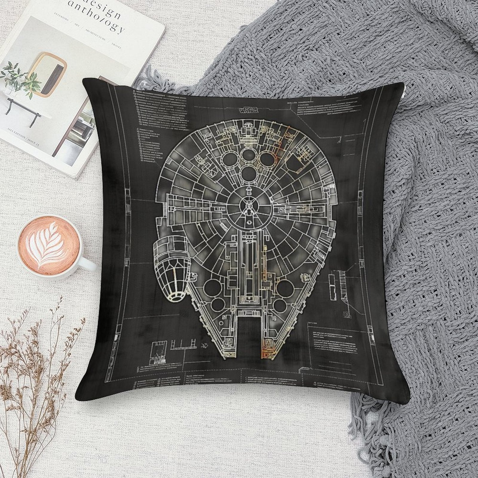 Millennium Falcon Star Wars Starship Blueprint Fan Art Soft Washable Throw Pillow