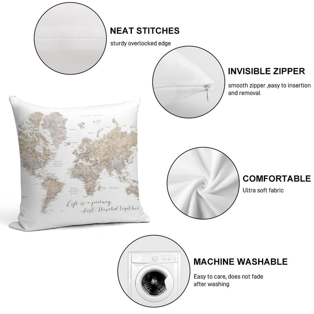 Life Is A Jouney Best Travelled Together, World Map, Abey Soft Easy Maintenance Throw Pillow