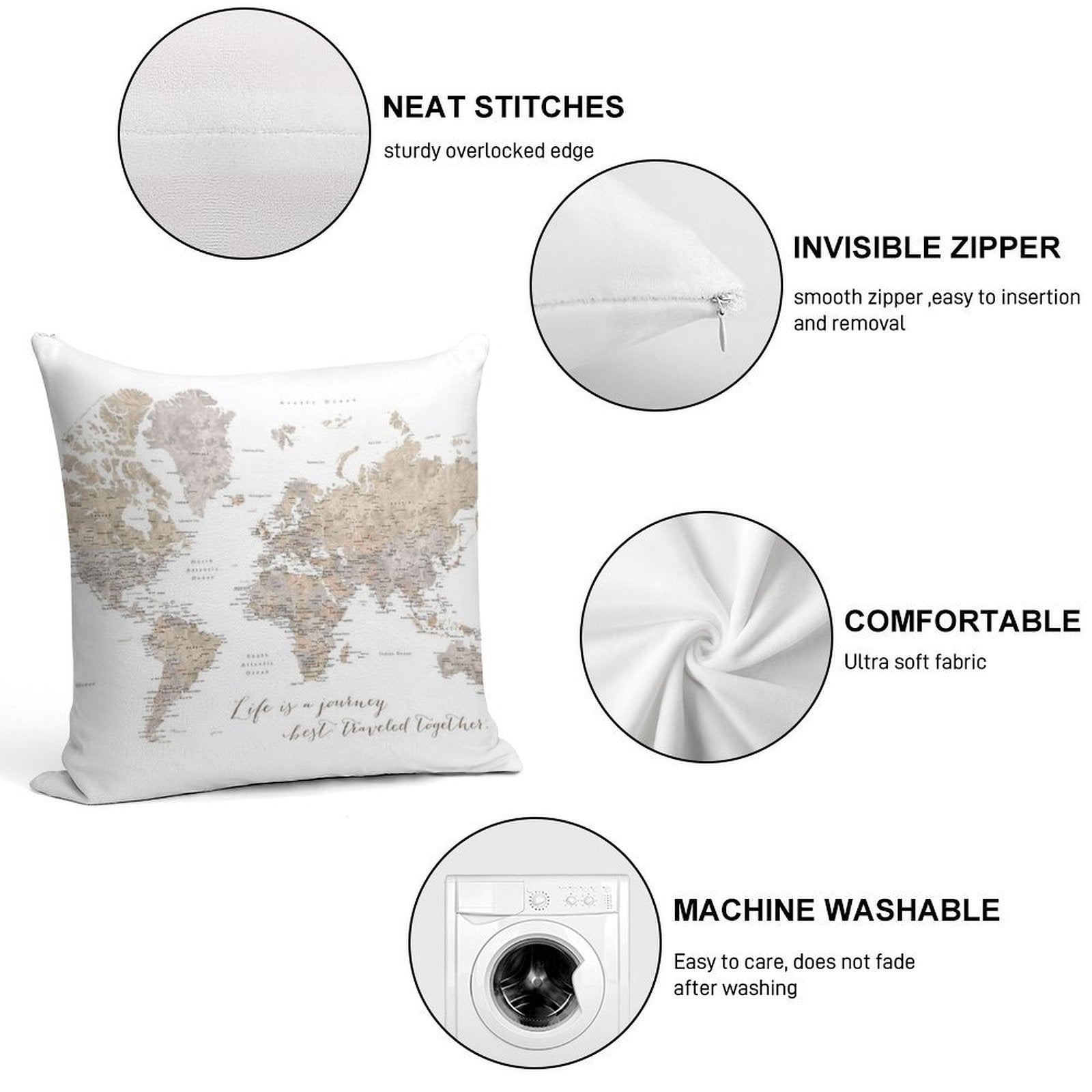 Life Is A Jouney Best Travelled Together, World Map, Abey Soft Easy Maintenance Throw Pillow
