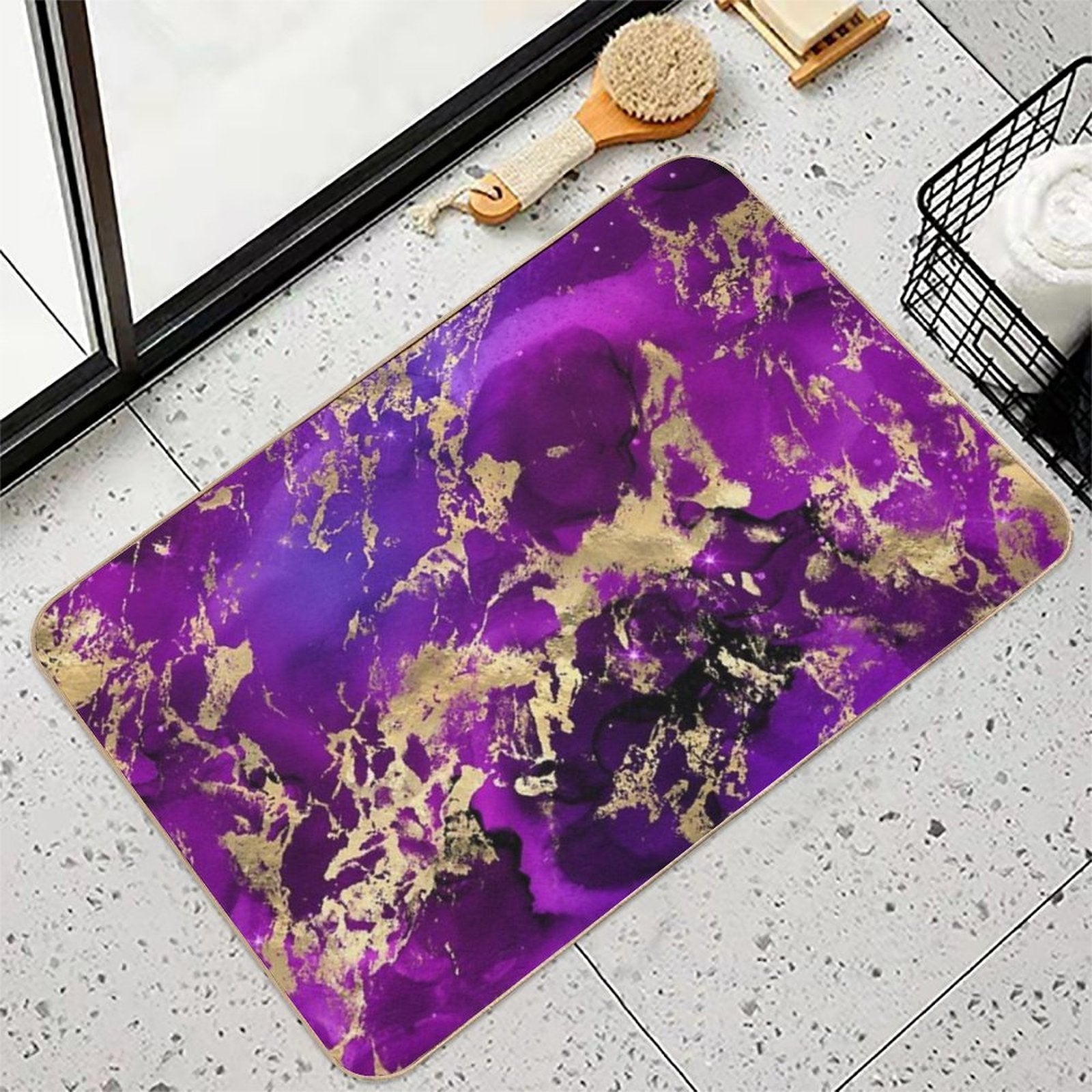 Marble Galaxy in Royal Purple And Gold Splash  Easy To Clean Bath Mat