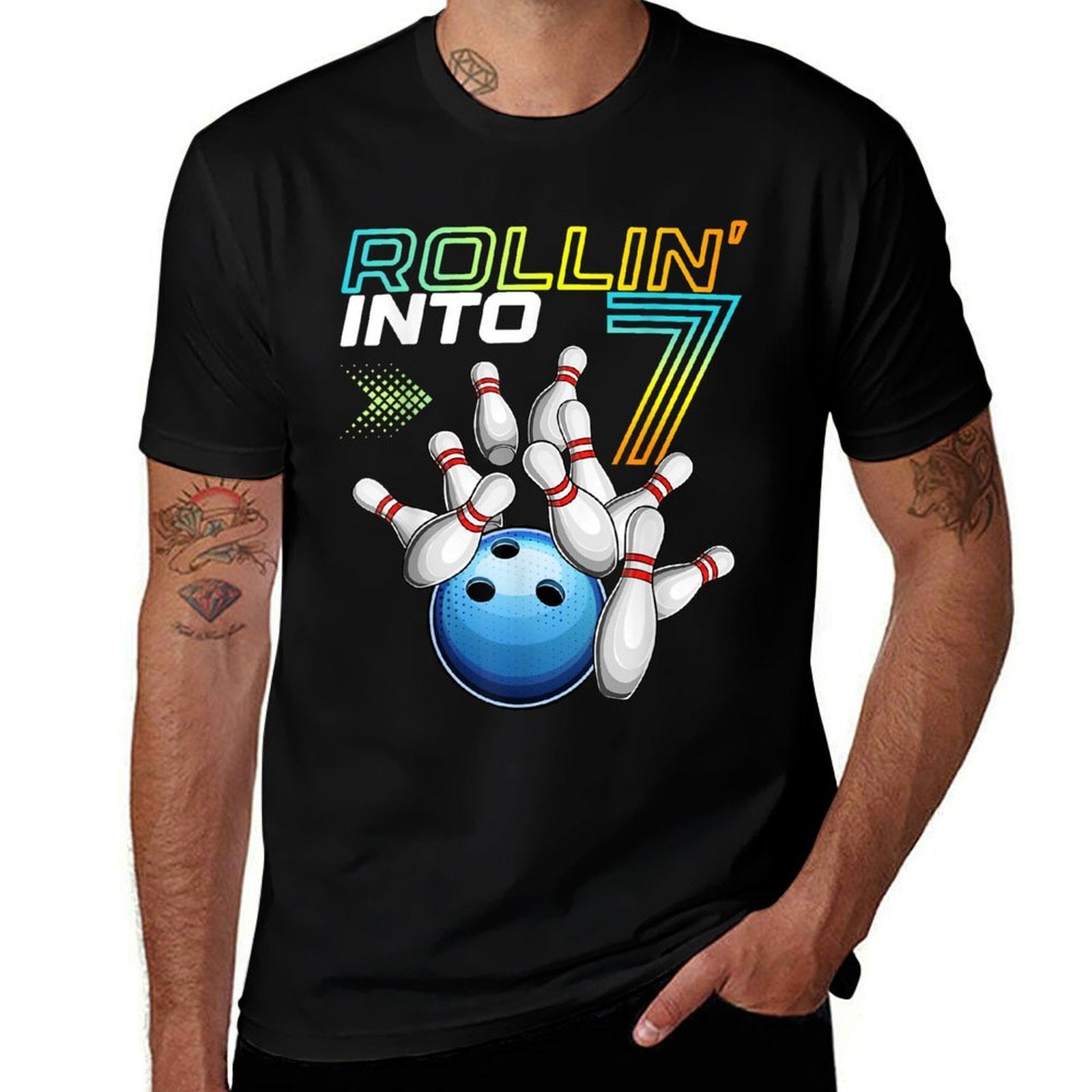 Rollin Into 7 Retro Bowling Birthday Party 7th Birthday  Wrinkle-resistant T-Shirt