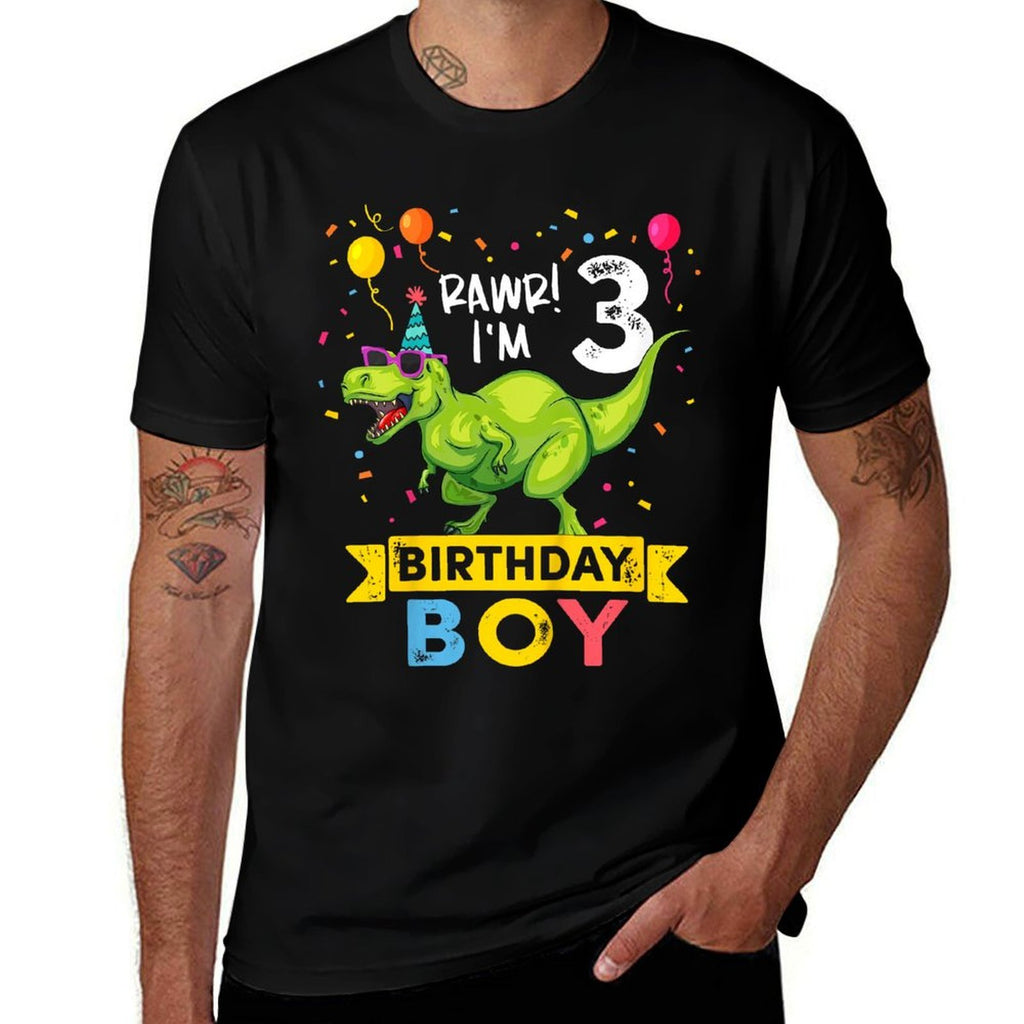 3 Year Old 3rd Birthday Boy T Rex Dinosaur  Ribbed Collar T-Shirt