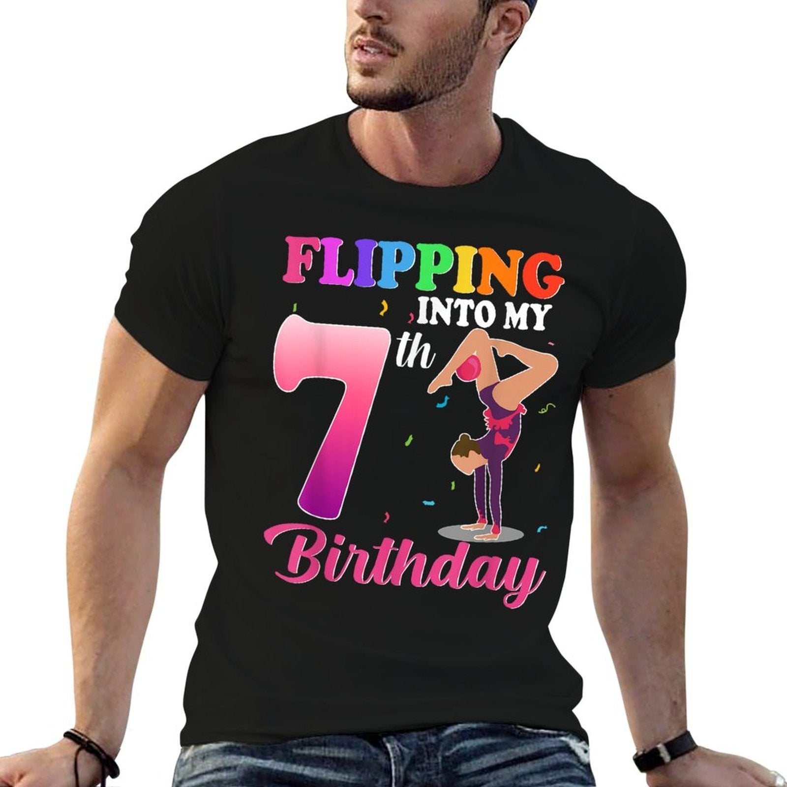Flipping Into 7th Birthday Girl Gymnastic 7 Year Old Party  Moisture-wicking T-Shirt