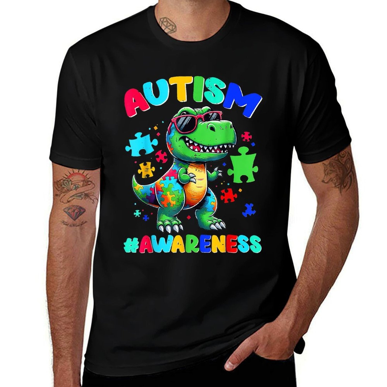 Boys Girls Kids Autism Awareness Dinosaur  Tagless Design T-Shirt