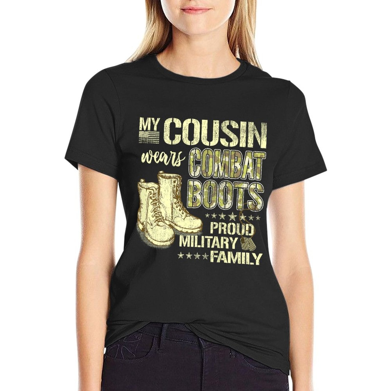 My Cousin Wears Combat Boots Dog Tags Proud Military Family  Relaxed-fit T-Shirt