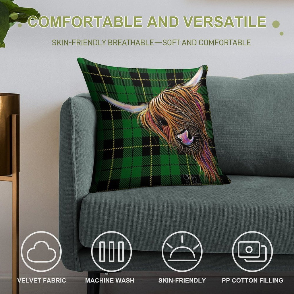SCoTTiSH HiGHLaND CoW ' TaRTaN NooDLeS G ' by SHiRLeY MacARTHuR Soft Home Decor Throw Pillow