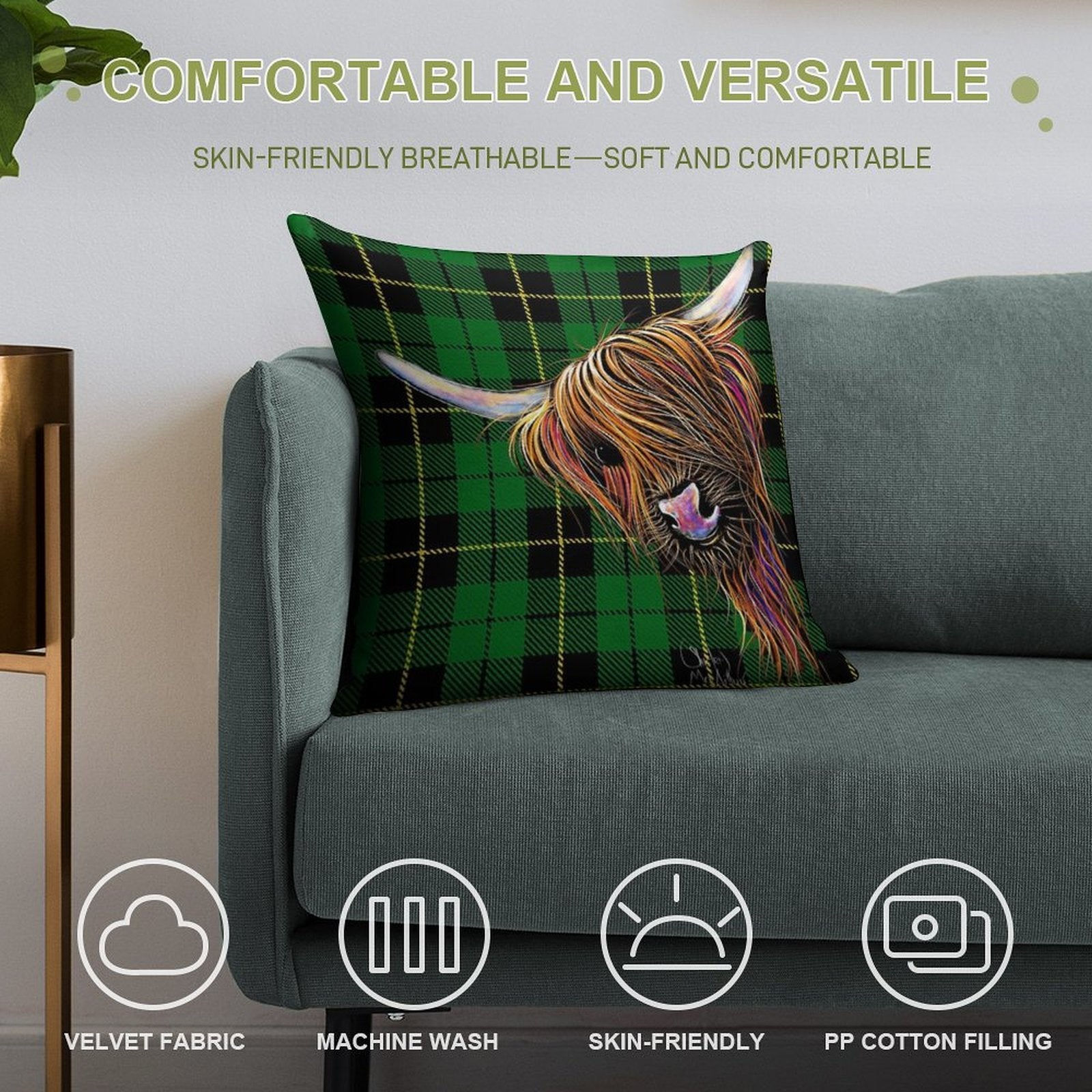 SCoTTiSH HiGHLaND CoW ' TaRTaN NooDLeS G ' by SHiRLeY MacARTHuR Soft Home Decor Throw Pillow