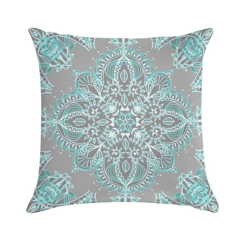 Teal And Aqua Lace Mandala on Grey Soft Skin-Friendly Throw Pillow