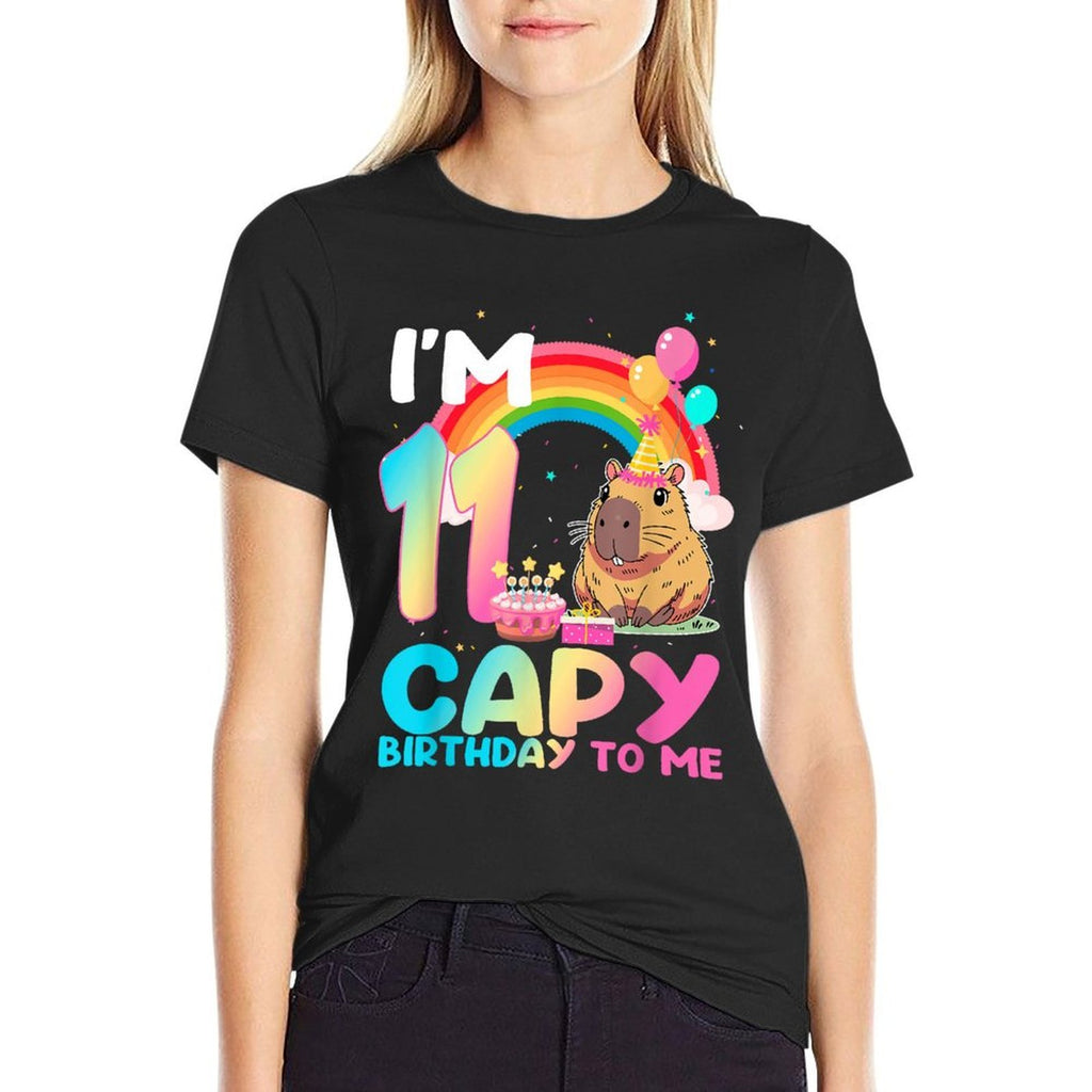 I'm 11 Year Old Capy Happy Birthday To Me 11th Bday Capybara  Rolled Sleeves T-Shirt