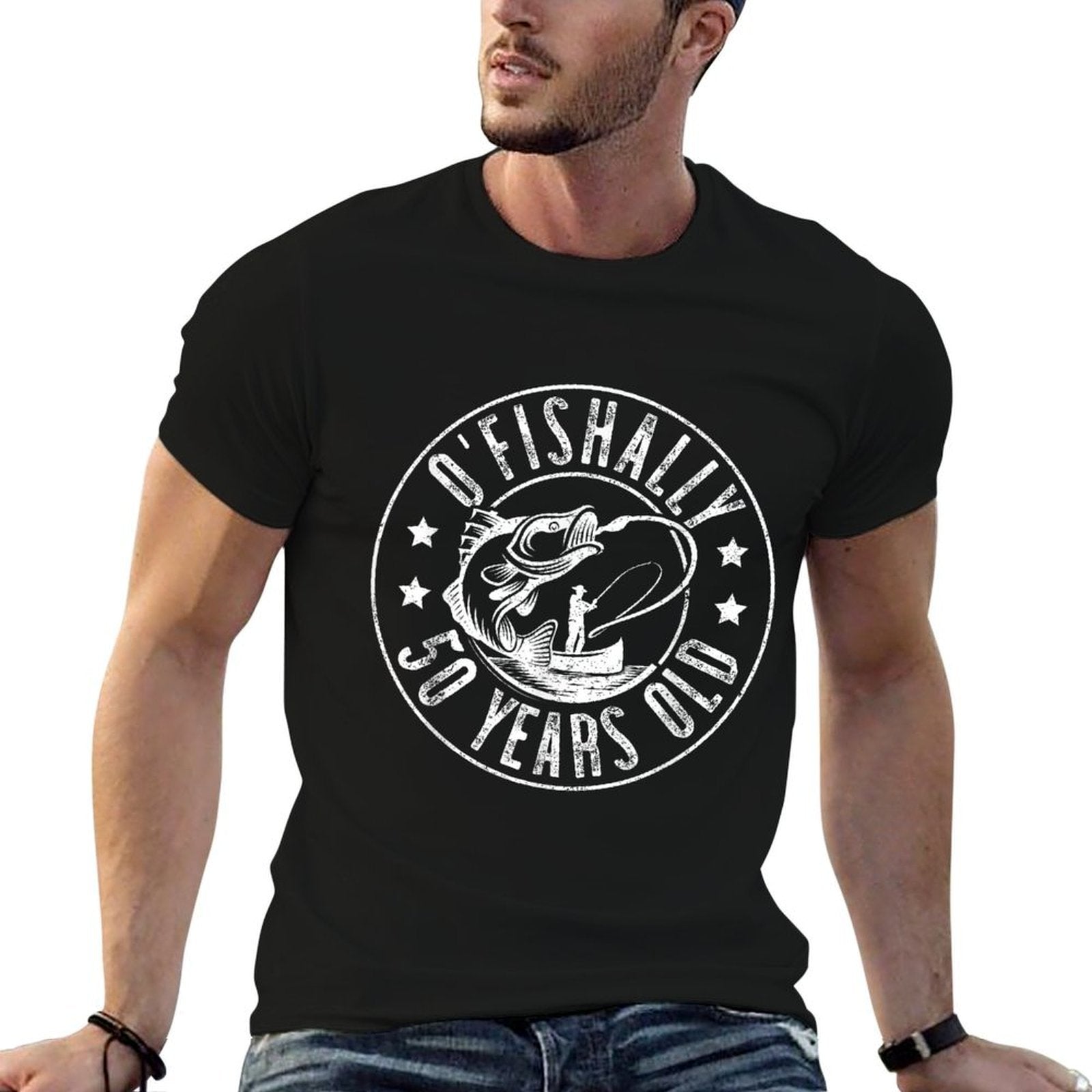 Funny Fishing Birthday Party, O'Fishally 50 Years Old Gifts  Oversized Silhouette T-Shirt