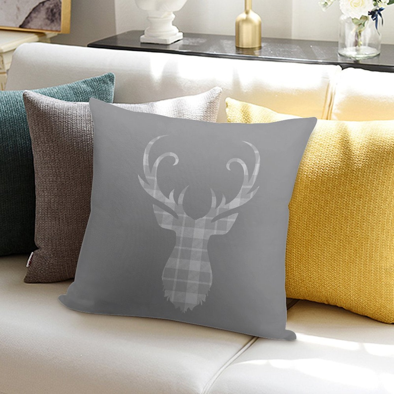 Grey Tartan Stag Head Soft Short Plush Fabric Throw Pillow