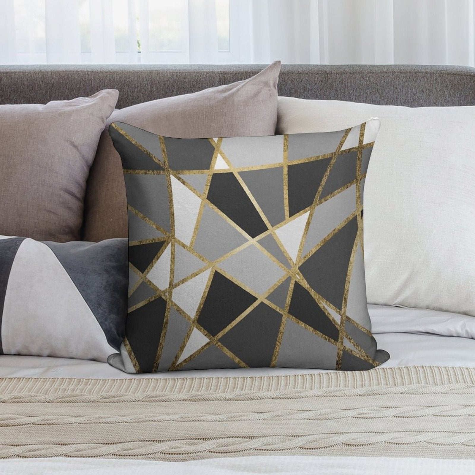 Black & Gray Modern Geo Gold Triangles Soft Warmth Comfort Throw Pillow
