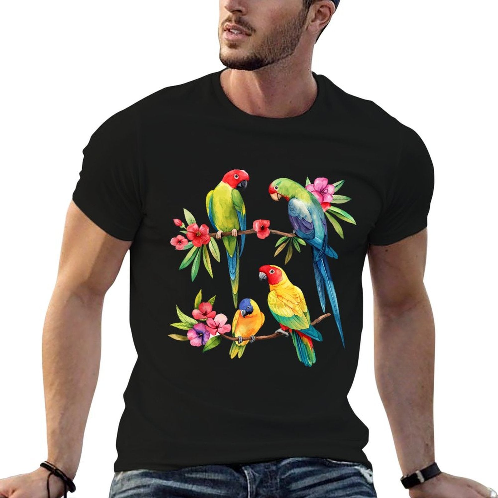 Colorful Parrot Watercolor  High-quality Stitching T-Shirt