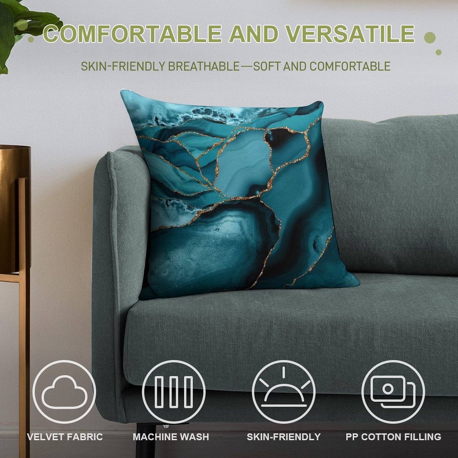 Teal And Gold Faux Marble Landscape Waves Soft Decorative Cover Throw Pillow