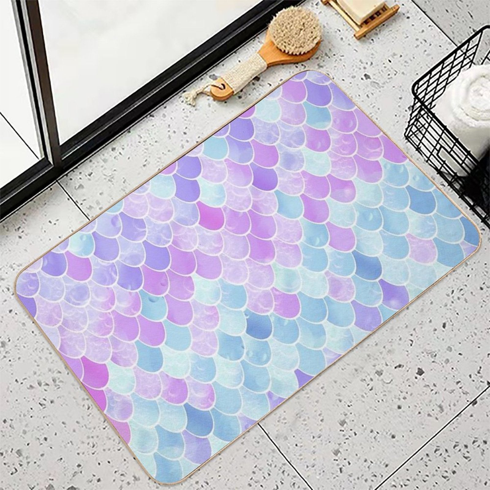 Cute Girls Mermaid Scales Pattern, Pink, Purple, Teal  Absorbent Bath Mat