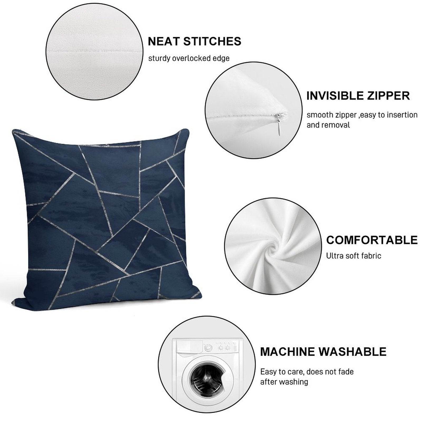 Midnight Navy Blue Ink Silver Geometric Glam #1 #geo #decor #art Soft Luxury Feel Throw Pillow