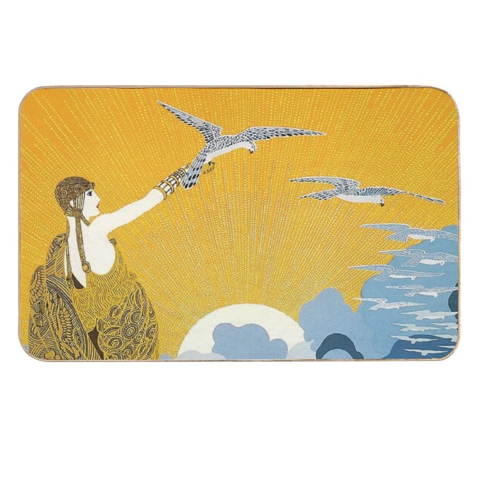 Art Deco Era Fashion, Woman with Birds And Ocean  Non-Slip Bath Mat