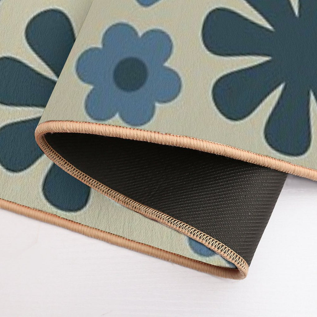 Scandi Floral Grid Retro Pattern in Vintage Blue And Beige  Long-Lasting Bath Mat